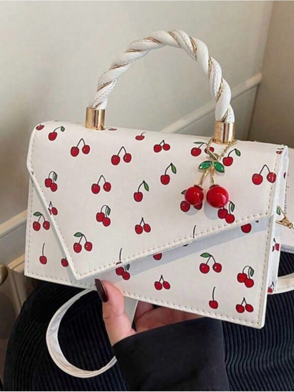 Source Unknown White Mini Top-Handle Bag with Red Cherry Print